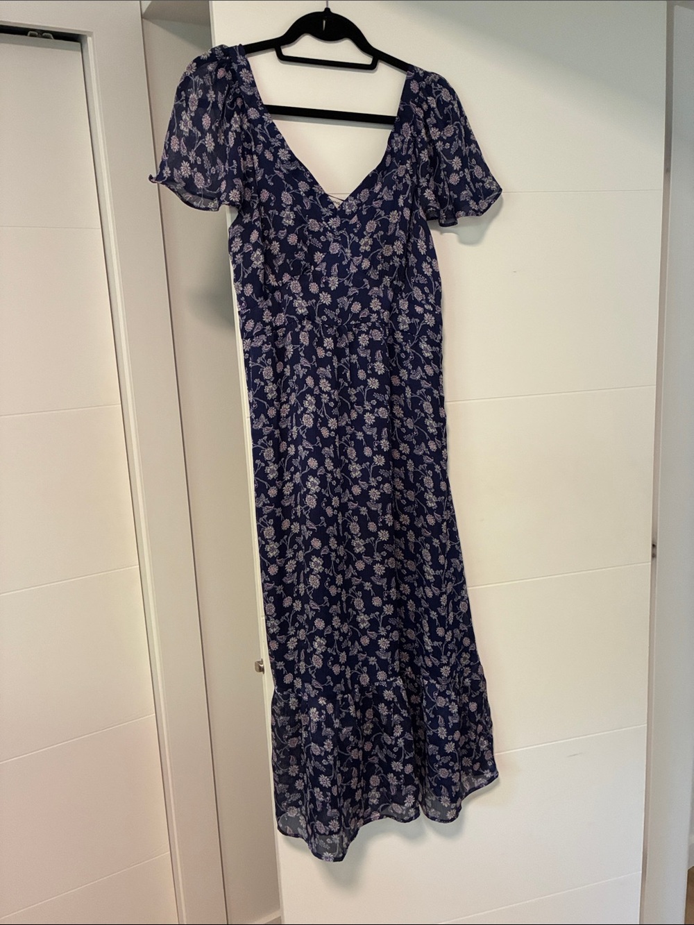 Mango Navy Blue Floral V-Neck Midi Dress